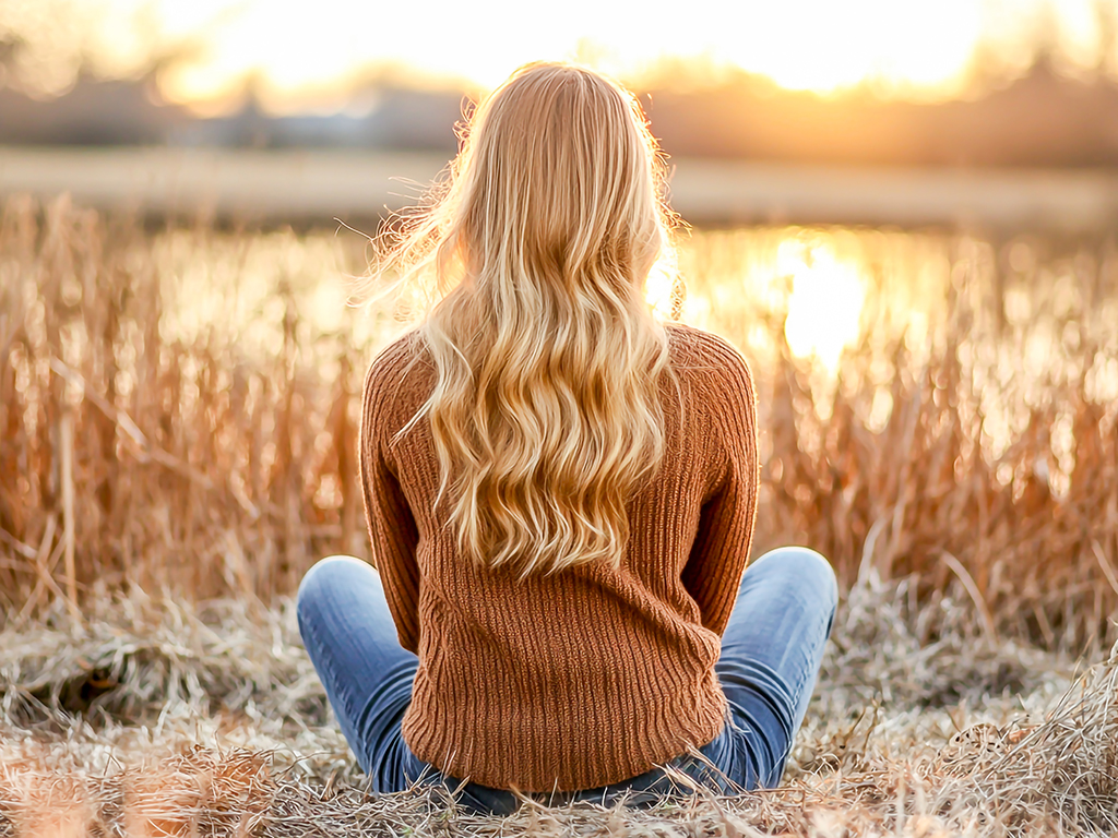 Photo of a young woman sitting on the shore near a lake at sunse